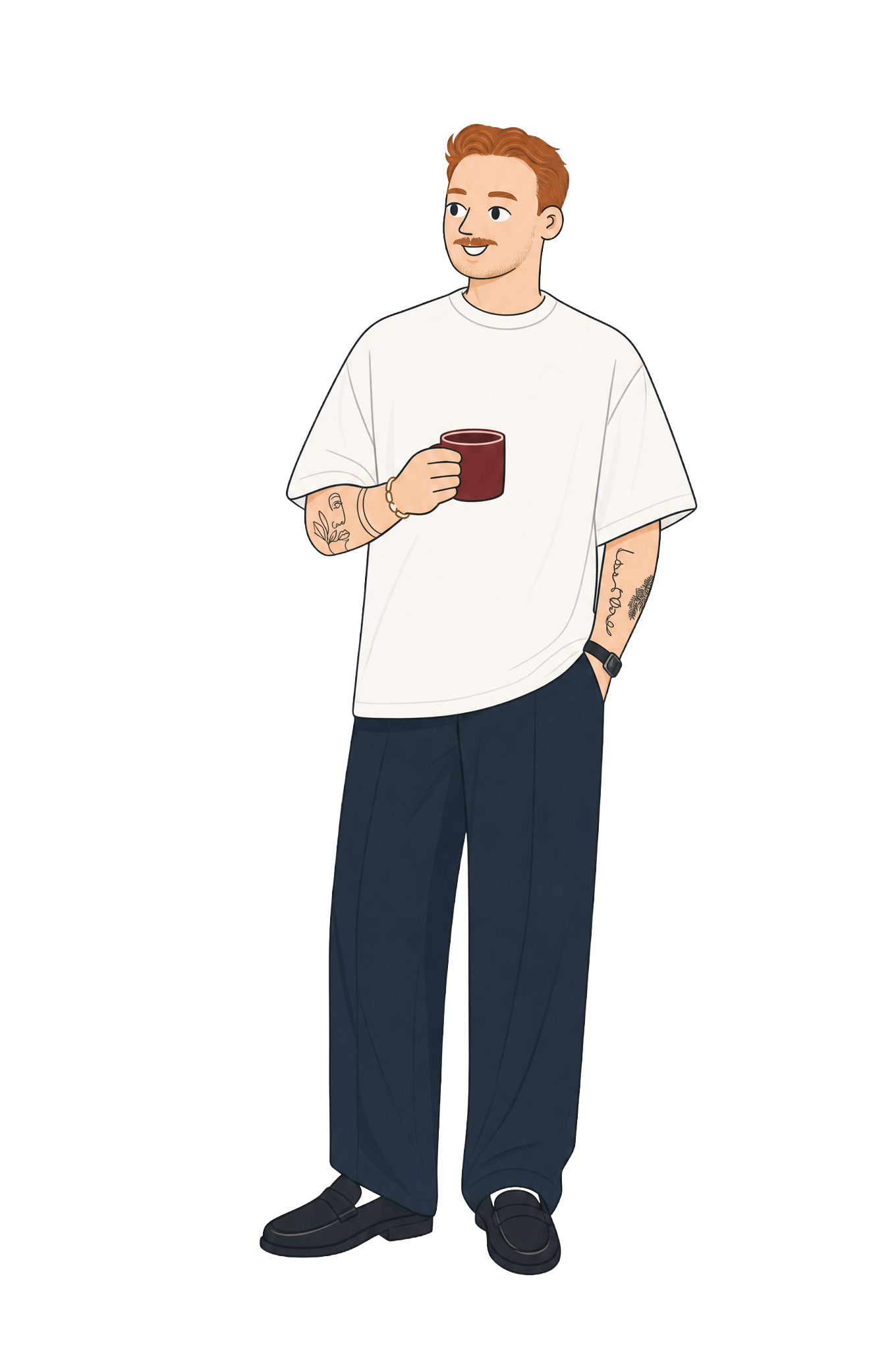 Illustrated portrait of Eirik with red curly hair, white t-shirt and navy trousers, holding a dark red coffee mug
